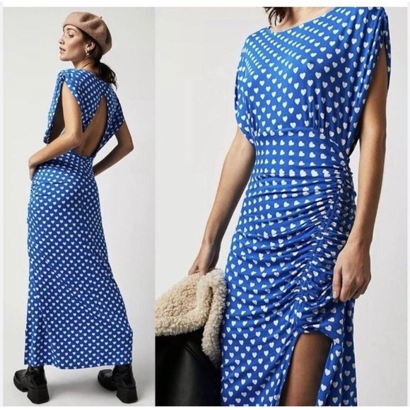 FREE PEOPLE
Lakeside Hearts Print Cutout Rushed Midi Dress In Blue Size XL - Picture 3 of 14